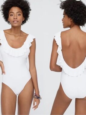 J. Crew White Ruffle Scoop-Back One-Piece Swimsuit